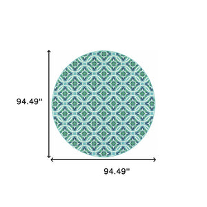 HomeRoots 5' Geometric Indoor/Outdoor Area Rug in Blue and Green - Stain Resistant, Durable, Modern Design 7'10" Round 507172