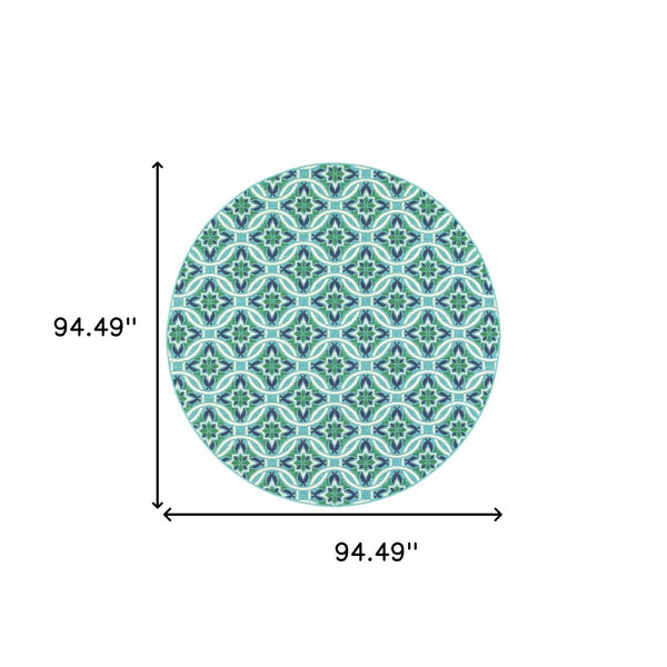 HomeRoots 5' Geometric Indoor/Outdoor Area Rug in Blue and Green - Stain Resistant, Durable, Modern Design 7'10" Round 507172