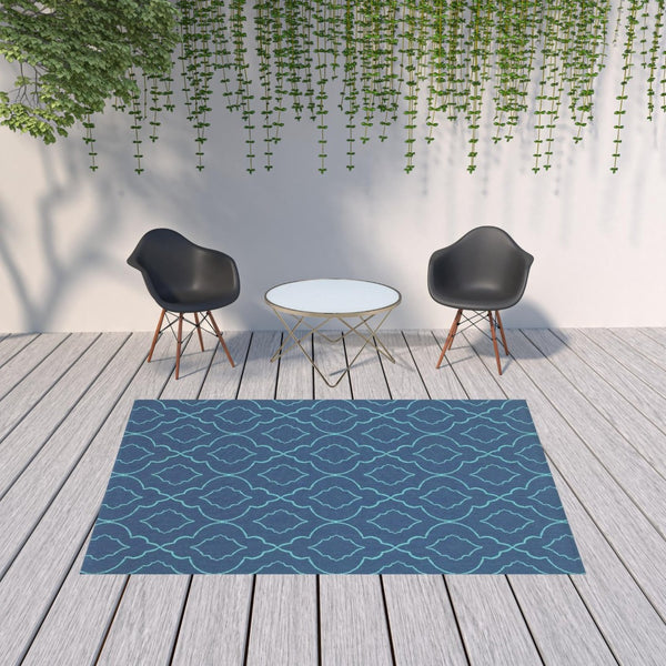 HomeRoots 5' Blue Geometric Stain-Resistant Indoor/Outdoor Area Rug for High-Traffic Spaces and Easy Care 6'7" x 9'6" 507177
