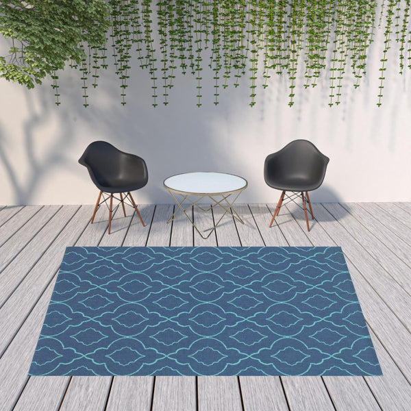 HomeRoots 5' Blue Geometric Stain-Resistant Indoor/Outdoor Area Rug for High-Traffic Spaces and Easy Care 7'10" x 10'10" 507178