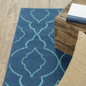 HomeRoots 5' Blue Geometric Stain-Resistant Indoor/Outdoor Area Rug for High-Traffic Spaces and Easy Care 7'10" x 10'10" 507178