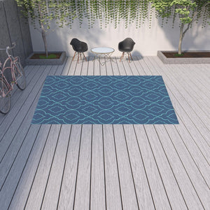 HomeRoots 5' Blue Geometric Stain-Resistant Indoor/Outdoor Area Rug for High-Traffic Spaces and Easy Care 8'6" x 13' 507179