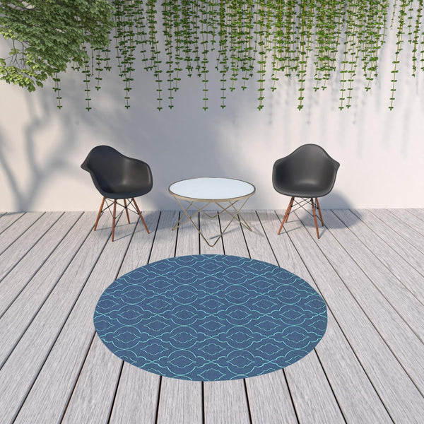 HomeRoots 5' Blue Geometric Stain-Resistant Indoor/Outdoor Area Rug for High-Traffic Spaces and Easy Care 7'10" Round 507180