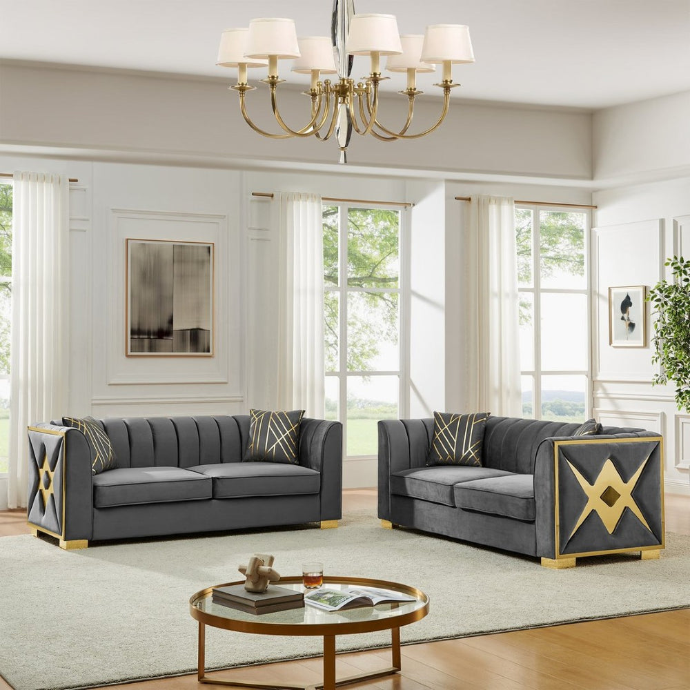 English Elm 81" Tufted Velvet Chesterfield Sofa with Gold Steel Legs for Elegant Living Rooms Gray W1191S00073