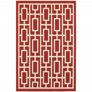 Homeroots 4' Red And Ivory Geometric Stain Resistant Area Rug - Stylish Indoor/Outdoor Rectangle Rug For Homes 3'7" X 5'6" Polypropylene 507191