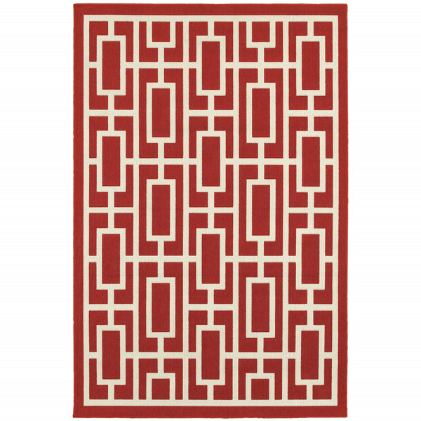 Homeroots 4' Red And Ivory Geometric Stain Resistant Area Rug - Stylish Indoor/Outdoor Rectangle Rug For Homes 3'7" X 5'6" Polypropylene 507191
