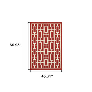 Homeroots 4' Red And Ivory Geometric Stain Resistant Area Rug - Stylish Indoor/Outdoor Rectangle Rug For Homes 3'7" X 5'6" Polypropylene 507191