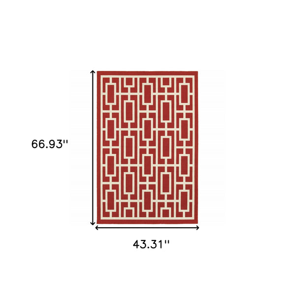 Homeroots 4' Red And Ivory Geometric Stain Resistant Area Rug - Stylish Indoor/Outdoor Rectangle Rug For Homes 3'7" X 5'6" Polypropylene 507191