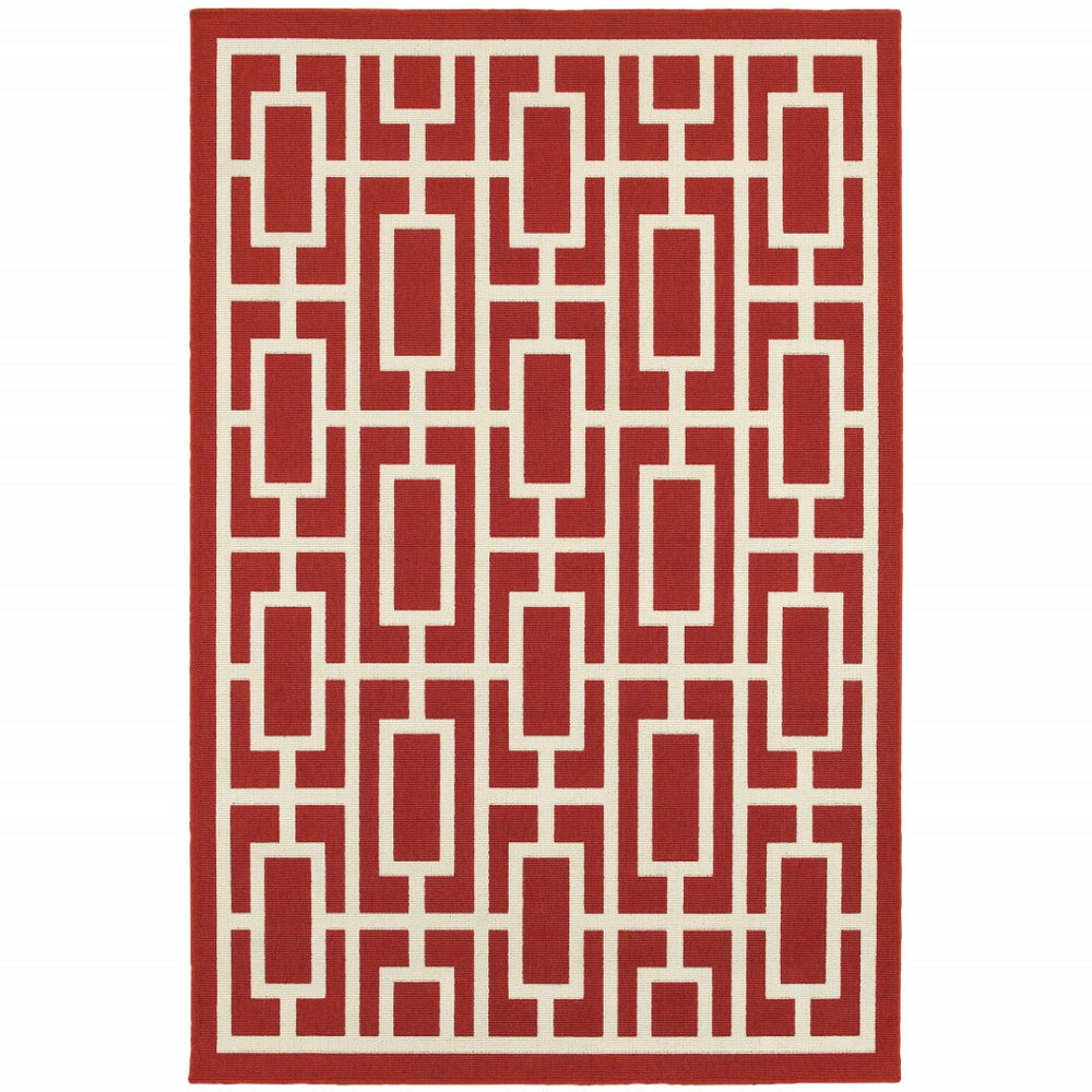 HomeRoots 5' Indoor Outdoor Geometric Area Rug in Red and Ivory - Stain Resistant, Durable, Stylish Design 5'3" x 7'6" 507192