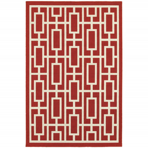 HomeRoots 5' Indoor Outdoor Geometric Area Rug in Red and Ivory - Stain Resistant, Durable, Stylish Design 5'3" x 7'6" 507192