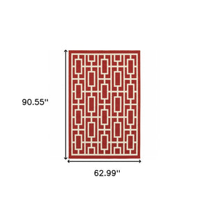 HomeRoots 5' Indoor Outdoor Geometric Area Rug in Red and Ivory - Stain Resistant, Durable, Stylish Design 5'3" x 7'6" 507192
