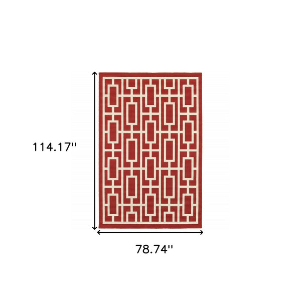 HomeRoots 5' Indoor Outdoor Geometric Area Rug in Red and Ivory - Stain Resistant, Durable, Stylish Design 6'7" x 9'6" 507193