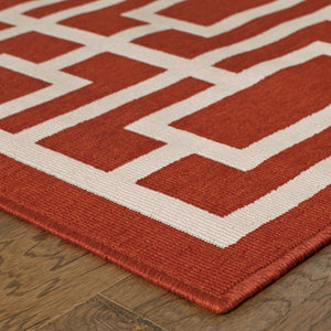 HomeRoots 5' Indoor Outdoor Geometric Area Rug in Red and Ivory - Stain Resistant, Durable, Stylish Design 7'10" x 10'10" 507194
