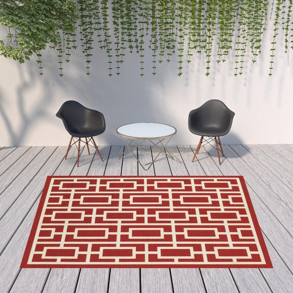 HomeRoots 5' Indoor Outdoor Geometric Area Rug in Red and Ivory - Stain Resistant, Durable, Stylish Design 7'10" x 10'10" 507194