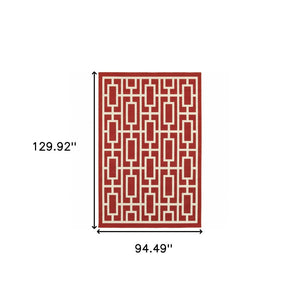 HomeRoots 5' Indoor Outdoor Geometric Area Rug in Red and Ivory - Stain Resistant, Durable, Stylish Design 7'10" x 10'10" 507194