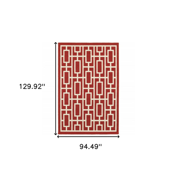 HomeRoots 5' Indoor Outdoor Geometric Area Rug in Red and Ivory - Stain Resistant, Durable, Stylish Design 7'10" x 10'10" 507194