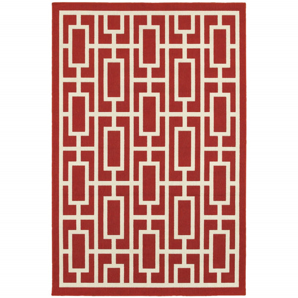 HomeRoots 5' Indoor Outdoor Geometric Area Rug in Red and Ivory - Stain Resistant, Durable, Stylish Design 8'6" x 13' 507195