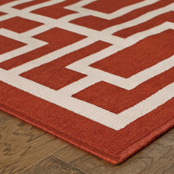 HomeRoots 5' Indoor Outdoor Geometric Area Rug in Red and Ivory - Stain Resistant, Durable, Stylish Design 8'6" x 13' 507195