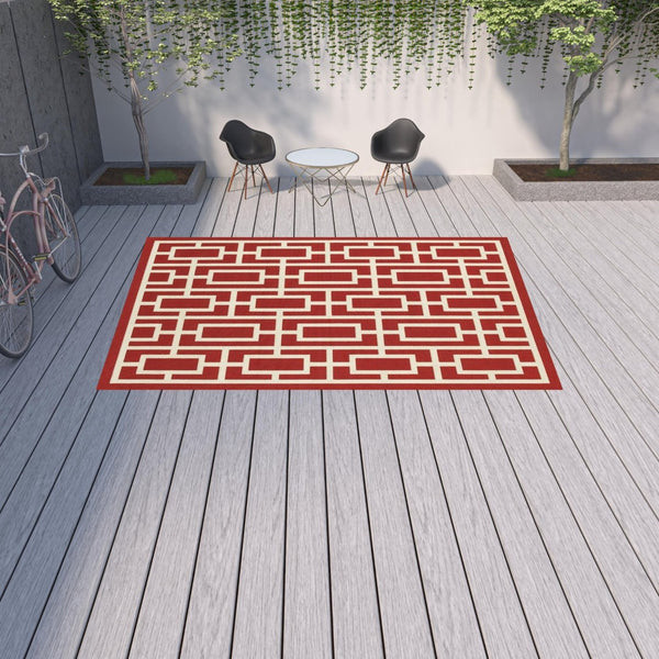 HomeRoots 5' Indoor Outdoor Geometric Area Rug in Red and Ivory - Stain Resistant, Durable, Stylish Design 8'6" x 13' 507195