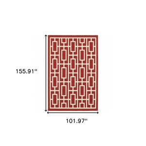 HomeRoots 5' Indoor Outdoor Geometric Area Rug in Red and Ivory - Stain Resistant, Durable, Stylish Design 8'6" x 13' 507195