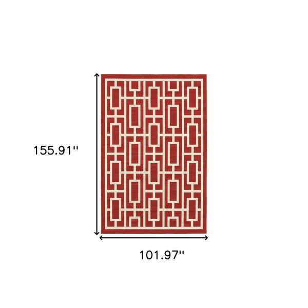 HomeRoots 5' Indoor Outdoor Geometric Area Rug in Red and Ivory - Stain Resistant, Durable, Stylish Design 8'6" x 13' 507195