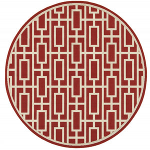 HomeRoots 5' Indoor Outdoor Geometric Area Rug in Red and Ivory - Stain Resistant, Durable, Stylish Design 7'10" Round 507196