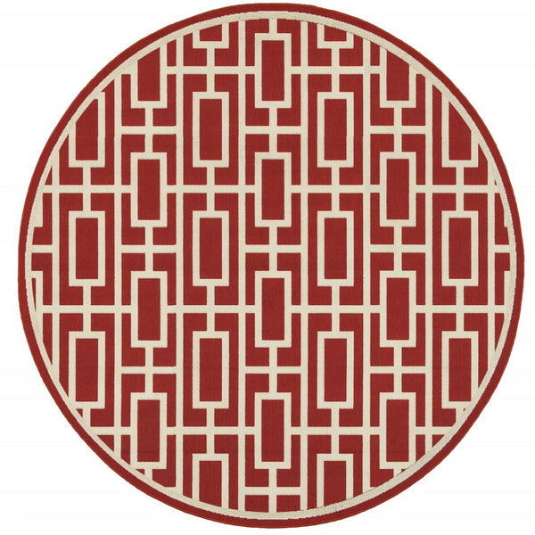 HomeRoots 5' Indoor Outdoor Geometric Area Rug in Red and Ivory - Stain Resistant, Durable, Stylish Design 7'10" Round 507196