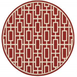 HomeRoots 5' Indoor Outdoor Geometric Area Rug in Red and Ivory - Stain Resistant, Durable, Stylish Design 7'10" Round 507196