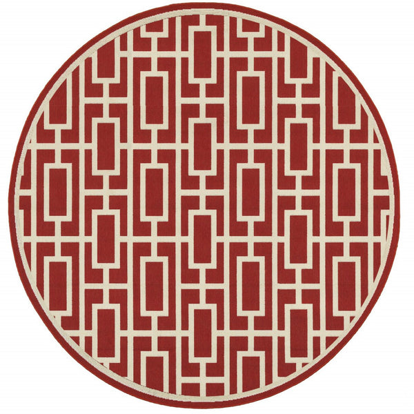 HomeRoots 5' Indoor Outdoor Geometric Area Rug in Red and Ivory - Stain Resistant, Durable, Stylish Design 7'10" Round 507196