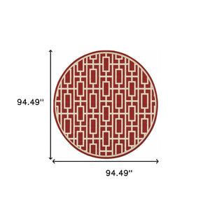 HomeRoots 5' Indoor Outdoor Geometric Area Rug in Red and Ivory - Stain Resistant, Durable, Stylish Design 7'10" Round 507196