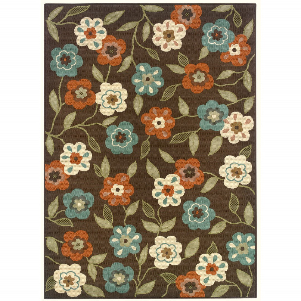 HomeRoots 5' Elegant Floral Stain Resistant Area Rug for Indoor & Outdoor Use - Durable, Easy Care, Versatile Style Brown/ Ivory 6'7" x 9'6" 507211