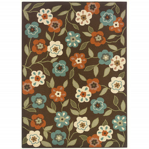 Homeroots 7' X 10' Brown And Ivory Floral Stain Resistant Indoor Outdoor Area Rug Brown,Ivory Polypropylene 507211
