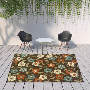 Homeroots 8' X 11' Brown And Ivory Floral Stain Resistant Indoor Outdoor Area Rug Brown,Ivory Polypropylene 507212