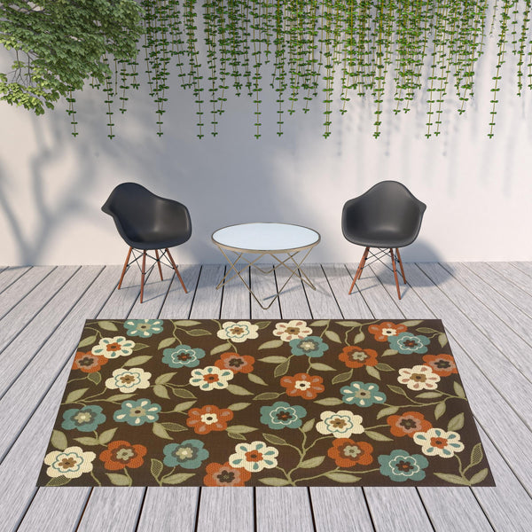Homeroots 8' X 11' Brown And Ivory Floral Stain Resistant Indoor Outdoor Area Rug Brown,Ivory Polypropylene 507212