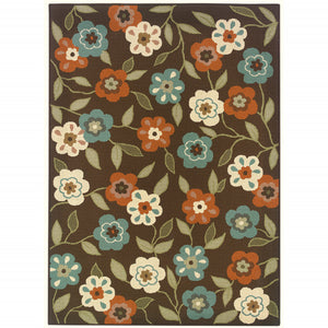 Homeroots 9' X 13' Brown And Ivory Floral Stain Resistant Indoor Outdoor Area Rug Brown,Ivory Polypropylene 507213