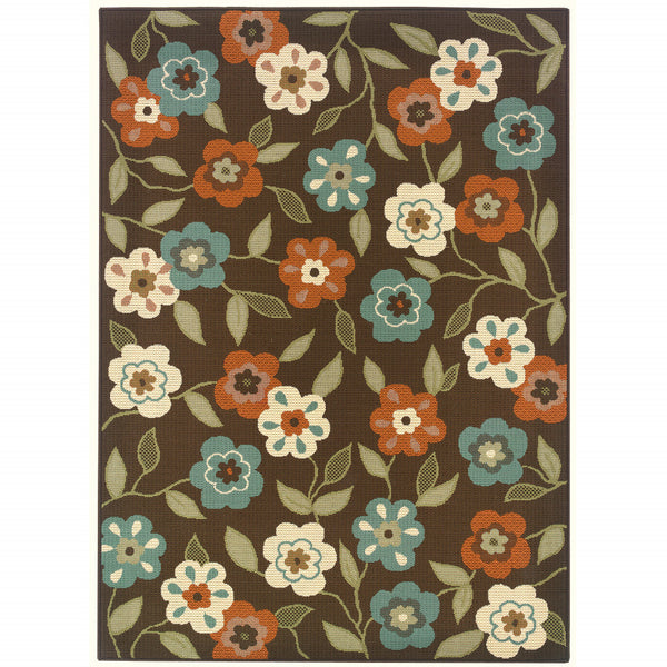 Homeroots 9' X 13' Brown And Ivory Floral Stain Resistant Indoor Outdoor Area Rug Brown,Ivory Polypropylene 507213
