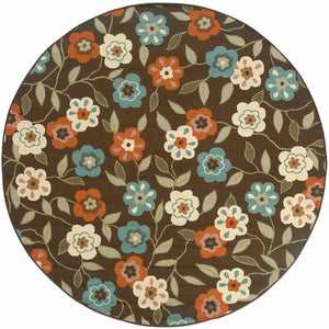 Homeroots 8' X 8' Brown And Ivory Round Floral Stain Resistant Indoor Outdoor Area Rug Brown,Ivory Polypropylene 507214