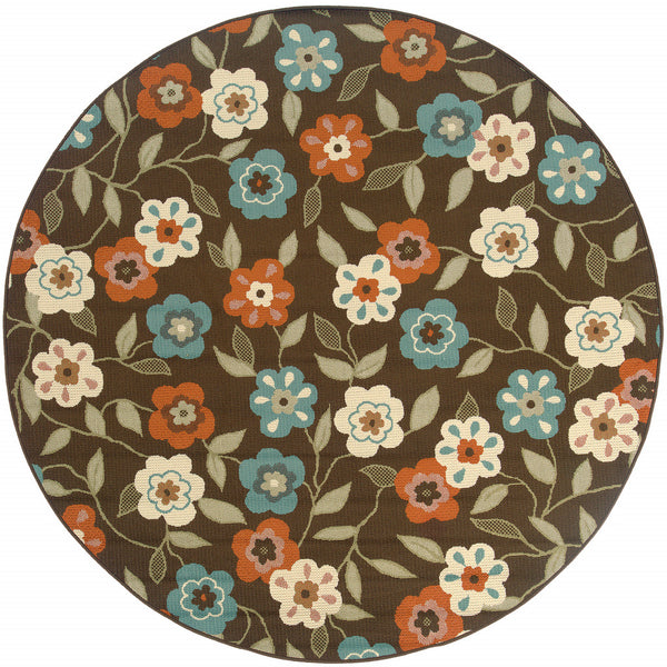 Homeroots 8' X 8' Brown And Ivory Round Floral Stain Resistant Indoor Outdoor Area Rug Brown,Ivory Polypropylene 507214