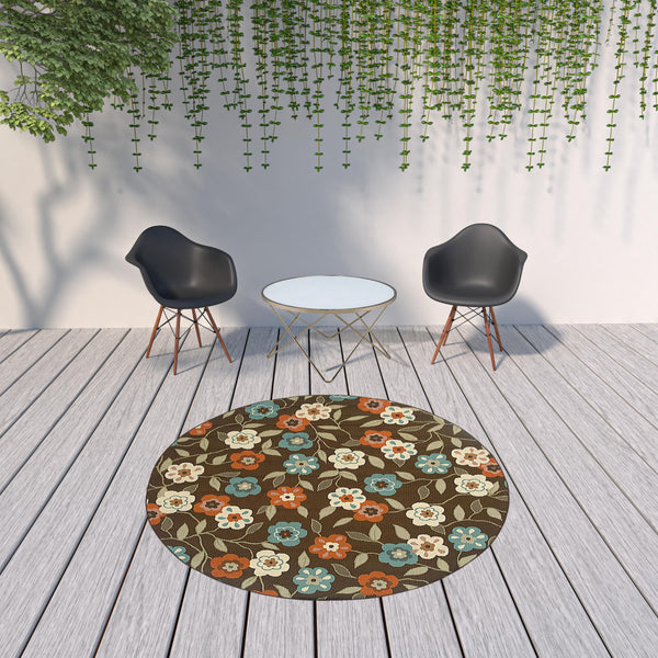 Homeroots 8' X 8' Brown And Ivory Round Floral Stain Resistant Indoor Outdoor Area Rug Brown,Ivory Polypropylene 507214