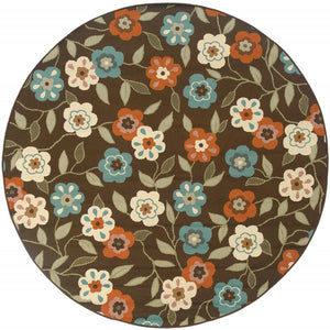 Homeroots 8' X 8' Brown And Ivory Round Floral Stain Resistant Indoor Outdoor Area Rug Brown,Ivory Polypropylene 507214