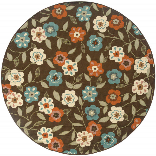 Homeroots 8' X 8' Brown And Ivory Round Floral Stain Resistant Indoor Outdoor Area Rug Brown,Ivory Polypropylene 507214