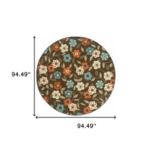 Homeroots 8' X 8' Brown And Ivory Round Floral Stain Resistant Indoor Outdoor Area Rug Brown,Ivory Polypropylene 507214