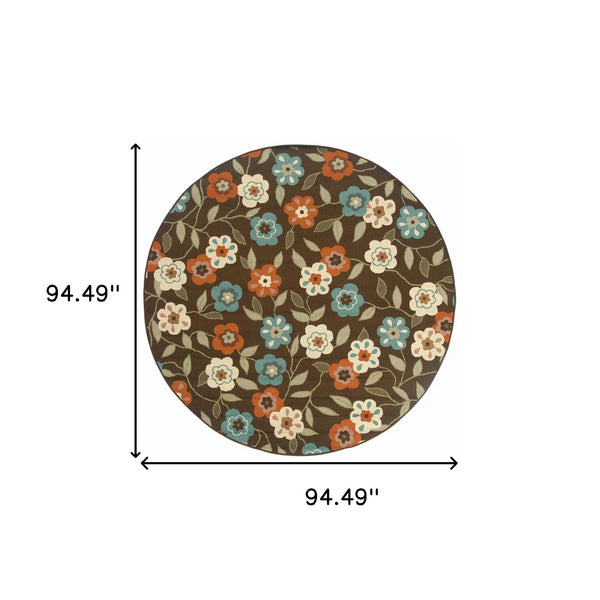 Homeroots 8' X 8' Brown And Ivory Round Floral Stain Resistant Indoor Outdoor Area Rug Brown,Ivory Polypropylene 507214
