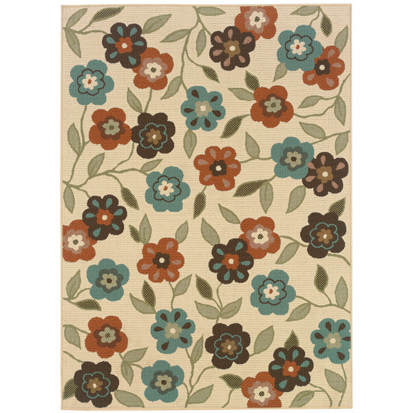 Homeroots 5' X 8' Brown And Ivory Floral Stain Resistant Indoor Outdoor Area Rug Ivory,Brown Polypropylene 507219