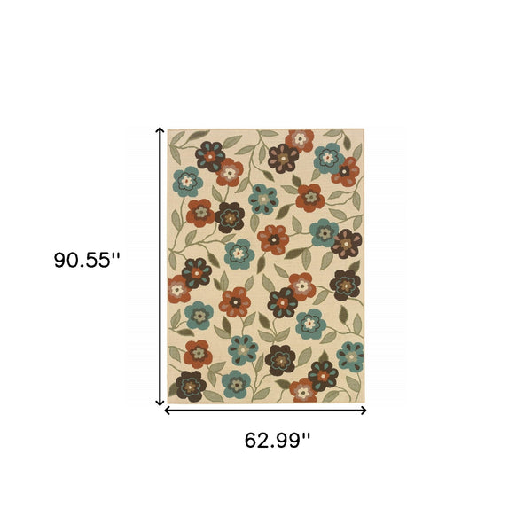 Homeroots 5' X 8' Brown And Ivory Floral Stain Resistant Indoor Outdoor Area Rug Ivory,Brown Polypropylene 507219