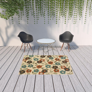 Homeroots 5' X 8' Brown And Ivory Floral Stain Resistant Indoor Outdoor Area Rug Ivory,Brown Polypropylene 507219