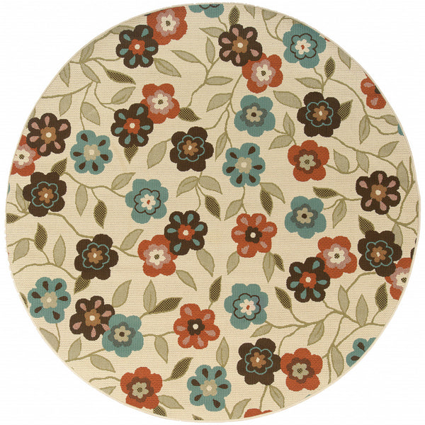Homeroots 8' X 8' Brown And Ivory Round Floral Stain Resistant Indoor Outdoor Area Rug Ivory,Brown Polypropylene 507223