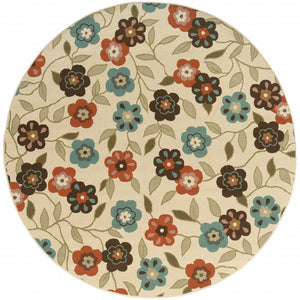 Homeroots 8' X 8' Brown And Ivory Round Floral Stain Resistant Indoor Outdoor Area Rug Ivory,Brown Polypropylene 507223