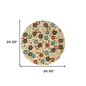 Homeroots 8' X 8' Brown And Ivory Round Floral Stain Resistant Indoor Outdoor Area Rug Ivory,Brown Polypropylene 507223
