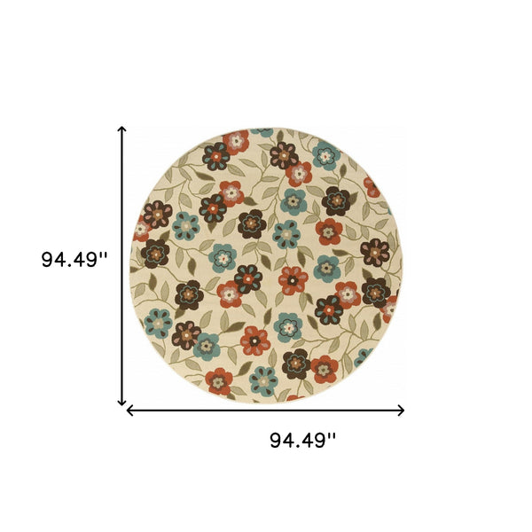 Homeroots 8' X 8' Brown And Ivory Round Floral Stain Resistant Indoor Outdoor Area Rug Ivory,Brown Polypropylene 507223